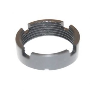 AR-15 castle nut with notches for secure buffer tube attachment, matte black, durable steel.