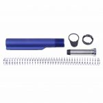 Blue anodized AR-15 buffer tube kit with spring, buffer, castle nut, and end plate.