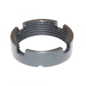 Dark metal AR-15 buffer tube castle nut with notches for secure firearm assembly.