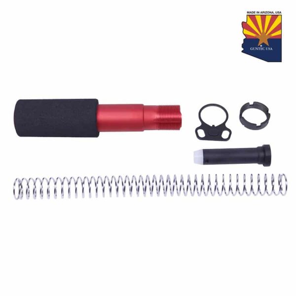 Red anodized AR-15 buffer tube kit with spring, castle nut, end plate, Arizona logo.