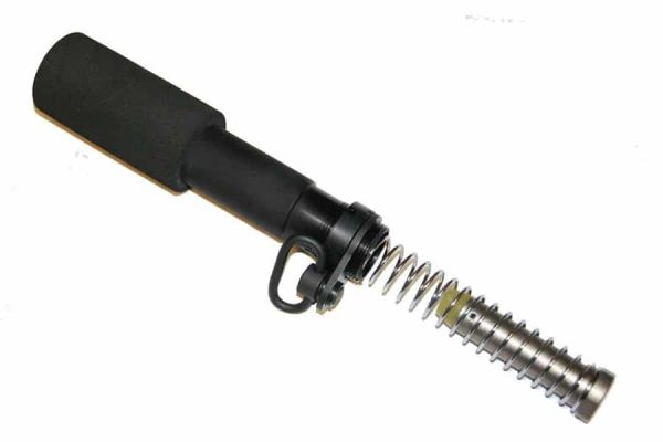 AR-15 buffer tube assembly for recoil absorption with aluminum tube and stainless steel spring.