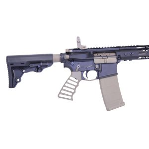 Modern AR-15 carbine with skeletonized grip, collapsible stock, and tan polymer magazine.