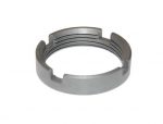Matte gray AR-15 castle nut with slots, precisely threaded for securing buffer tubes.