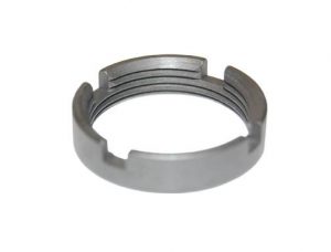 Matte gray AR-15 castle nut with slots, precisely threaded for securing buffer tubes.