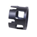 Black AR-15 castle nut with rectangular cutouts for securing buffer tube, enhancing firearm stability.