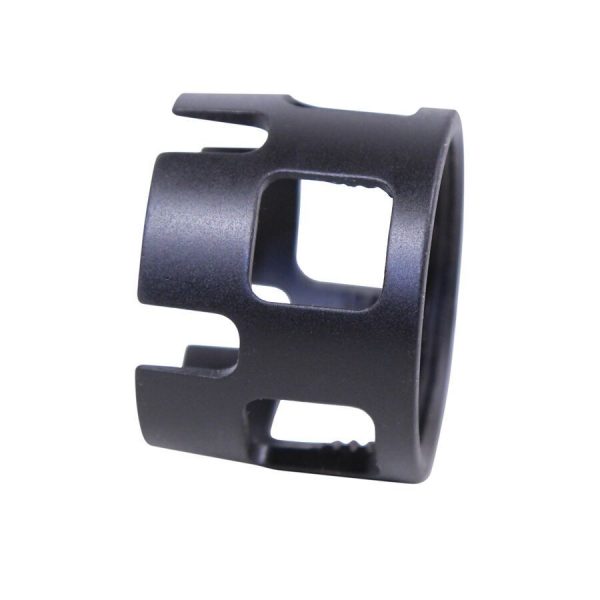 Black AR-15 castle nut with rectangular cutouts for securing buffer tube, enhancing firearm stability.