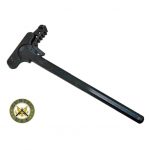 Enhanced AR-15 charging handle with textured latch and gold circular component on white background.