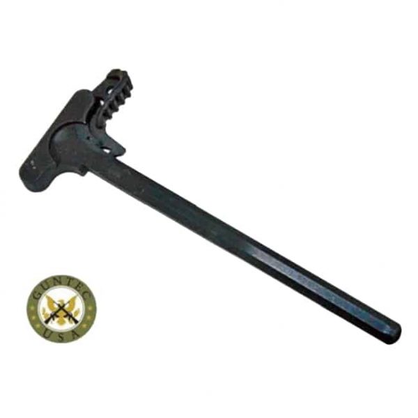 Enhanced AR-15 charging handle with textured latch and gold circular component on white background.
