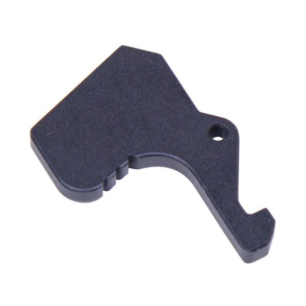 Anodized black AR15 charging handle latch with L-shaped hook, drilled mount hole.