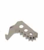 AR-15 Gen 2 charging handle latch, metallic component with holes, gear teeth; Flat Dark Earth color.