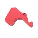 Red anodized AR-15 charging handle latch with notches and mounting hole on white background.