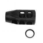 Black AR-15 Steel Compensator with Multiport Design for 9mm/7.62x39, includes O-ring.