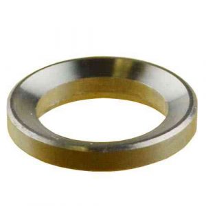 Dual-tone stainless steel crush washer for AR-15, featuring silver and brass tones.