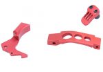 Red anodized AR-15 accessory components against a white background, showcasing precision-machined design features.