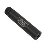 Matte black cylindrical AR-15 suppressor, sleek design, suppresses noise, with engraved model info.