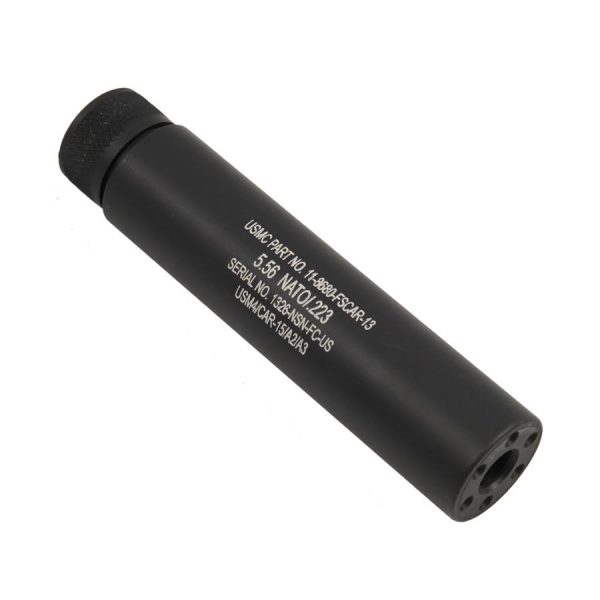 Matte black cylindrical AR-15 suppressor, sleek design, suppresses noise, with engraved model info.