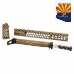 FDE AR-15 components: handguard, buffer tube assembly, pistol grip; GUNTEC USA, made in Arizona.