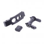 Precision AR-15 upgrade components: trigger housing, firing mechanism, and rectangular block on white background.