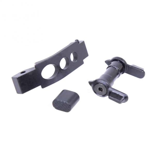 Precision AR-15 upgrade components: trigger housing, firing mechanism, and rectangular block on white background.