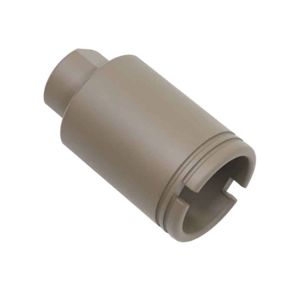 Tan AR-15 Micro Flash Can, cylindrical muzzle device reducing flash and recoil, precision-crafted.