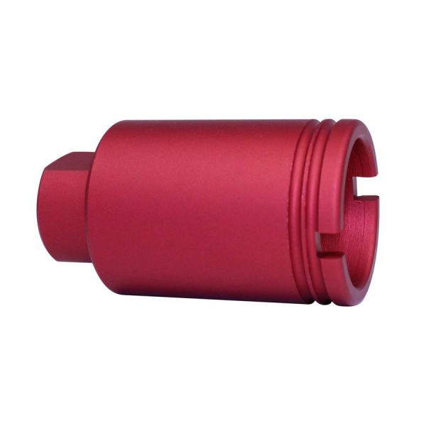 Red anodized AR-15 Micro Flash Can adapter with precision machining and internal threading.