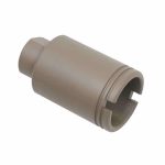 AR-15 tactical flash hider in FDE color, designed to minimize muzzle flash.