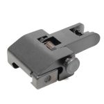 Gray AR-15 aluminum flip-up rear sight with spring-loaded folding mechanism for Picatinny rails.