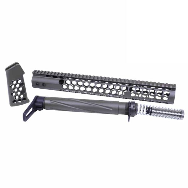 AR-15 modular honeycomb components: barrel, handguard, grip; customizable and durable design.