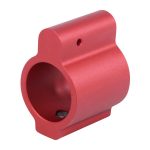 Anodized red aluminum AR-15 gas block with precise cylindrical bore and smooth finish.