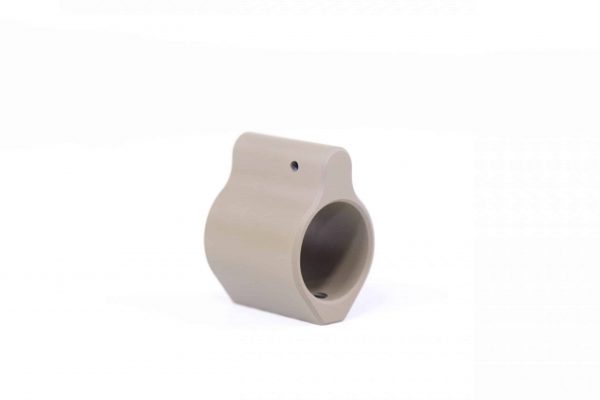 Tan matte AR-15 low-profile steel gas block for rifles; minimalist design on white background.