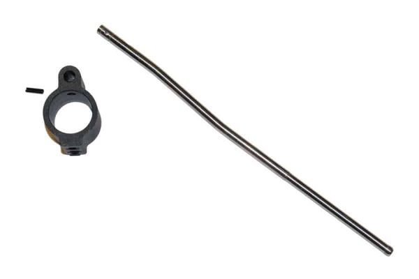AR-15 low profile gas block and pistol length gas tube on white background.