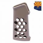 Ergonomic tan AR-15 grip, honeycomb design, Arizona logo, lightweight polymer.