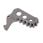 Precision-machined AR-15 stainless steel charging handle latch, matte gray with mounting holes and serrated teeth.
