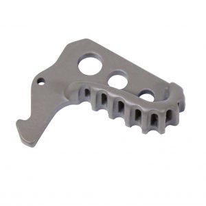 Precision-machined AR-15 stainless steel charging handle latch, matte gray with mounting holes and serrated teeth.