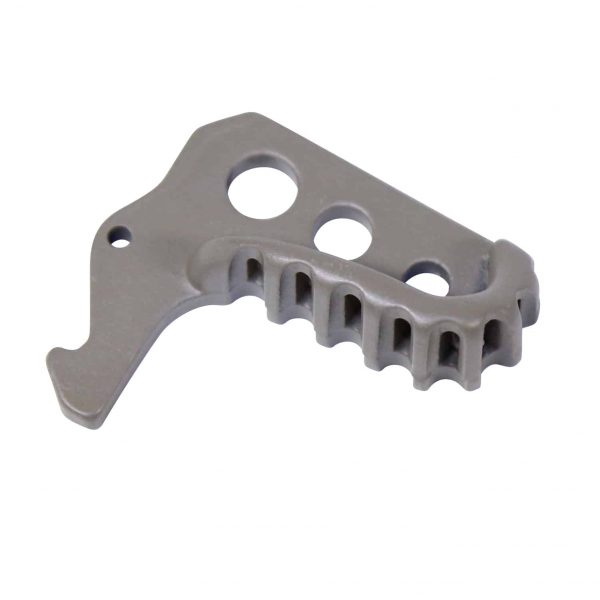 Precision-machined AR-15 stainless steel charging handle latch, matte gray with mounting holes and serrated teeth.
