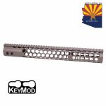 Tan FDE KeyMod AR-15 handguard by Guntec USA with honeycomb design and Arizona flag logo.