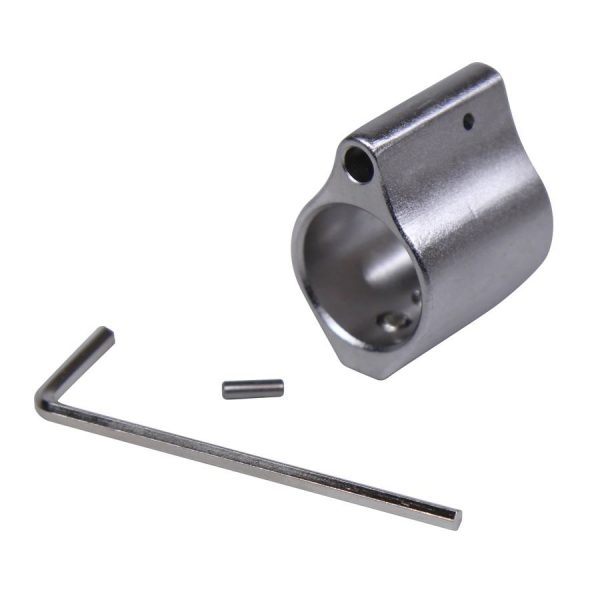 AR-15 low-profile gas block in stainless steel with hex wrench and roll pin for installation.