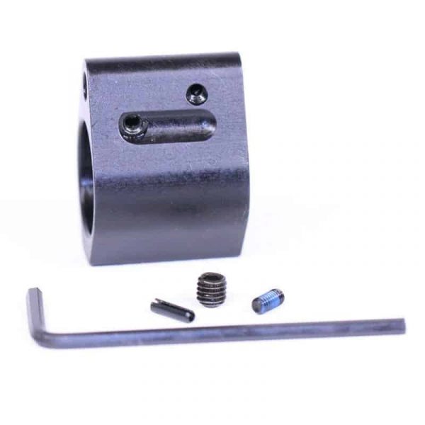 Matte black AR-15 low-profile adjustable gas block kit with installation tools and parts.