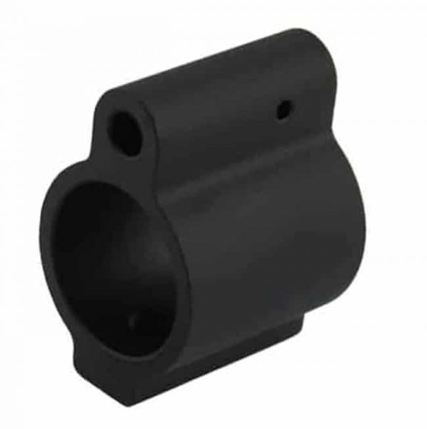 Low profile matte black gas block for AR-15 rifles, precision-engineered for tactical customization.