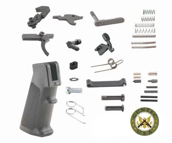 AR-15 parts kit with A2 grip; includes triggers, springs, and pins, neatly arranged.