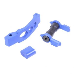 Blue precision parts for AR-15 upgrade: curved bracket, rod, connector.