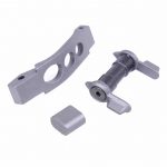 Precision-machined AR-15 trigger parts: bracket, pivot pin, spacer in matte gray metal.