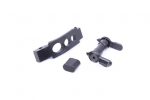 AR-15 components: bracket, pins, block, precision-engineered, dark finish, white background.