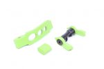 Vibrant lime green AR-15 upgrade kit components with metal fastener on a white background.