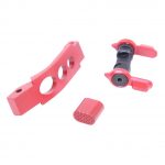 Red anodized upgrades for AR-15: trigger guard, safety selector, magazine release.