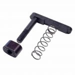 AR-15 extended mag catch kit with lever, threaded pin, and coil spring.