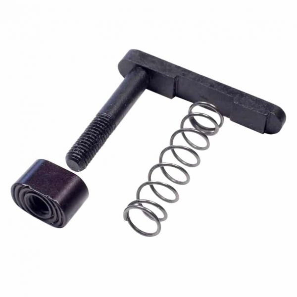 AR-15 extended mag catch kit with lever, threaded pin, and coil spring.