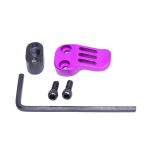 Anodized purple AR-15 extended mag release kit with ergonomic design and installation tools.