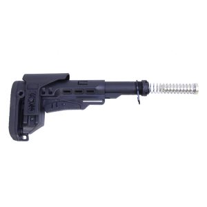 Adjustable AR-15 stock assembly with collapsible design and recoil management.