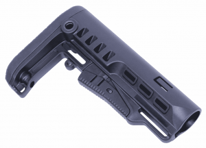 Sleek tactical AR-15 stock with ergonomic design, adjustable features, and lightweight polymer construction.